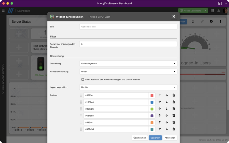 Der Farbset-Editor mit Hex-Farbcodes, Sortierungsschaltflächen und Preset-Verwaltung.