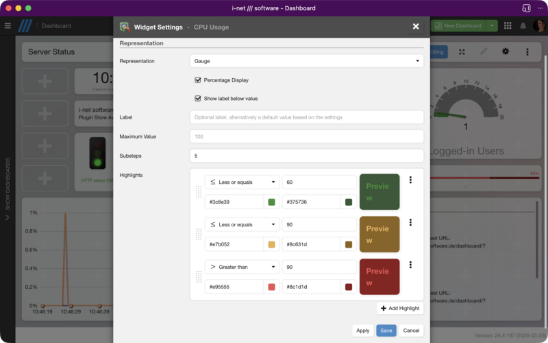 Widget settings with configured highlight rules and preview.