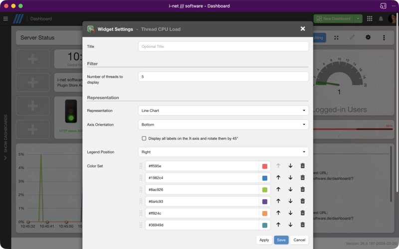 The color set editor with hex color codes, reorder buttons, and preset management.