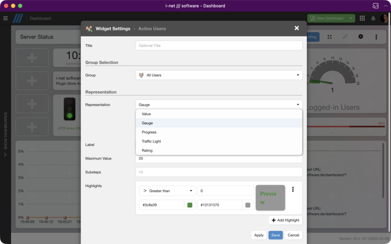 Widget settings dialog with the visualization dropdown showing available visualization types.