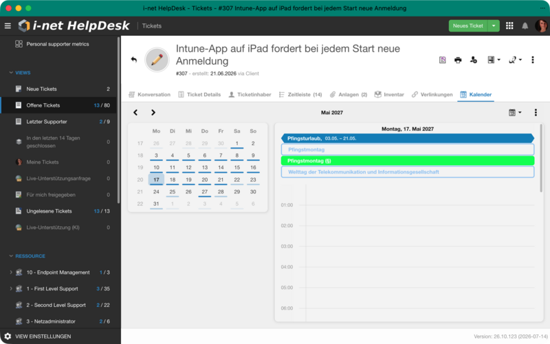 Ticket page with the calendar extension as a tab, month overview, and day view.