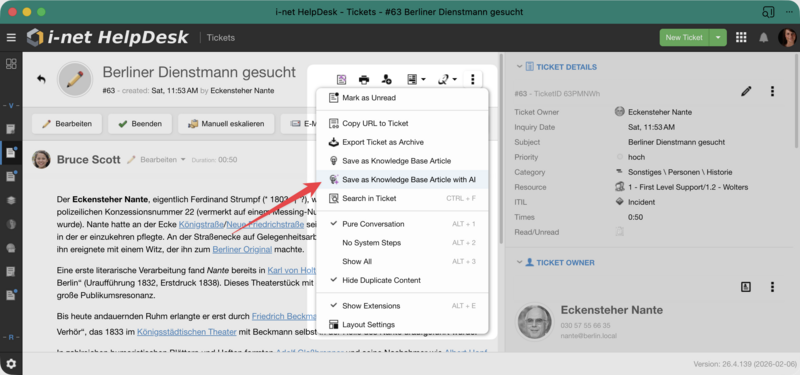 Optionen-Menü mit Eintrag "Als Wissensbasis-Artikel mit KI speichern".