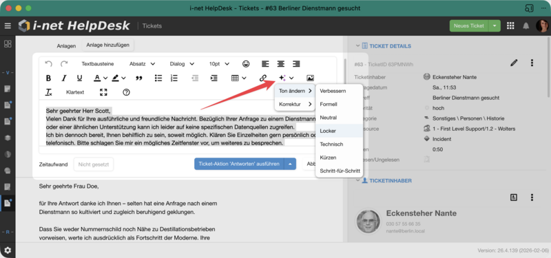 Textbearbeitungsbereich mit Option "Umschreiben".