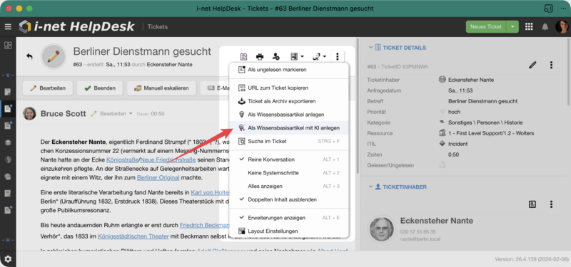 Options menu with "Save as Knowledge Base Article with AI" entry.