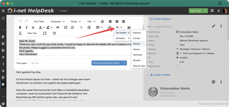 Text editing area with "Rewrite" option.