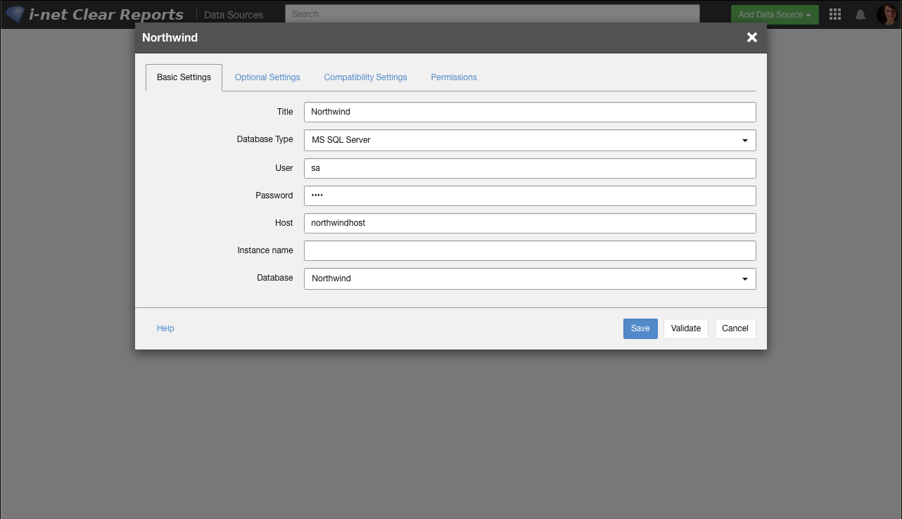 Data Source Edit Dialog for database Northwind