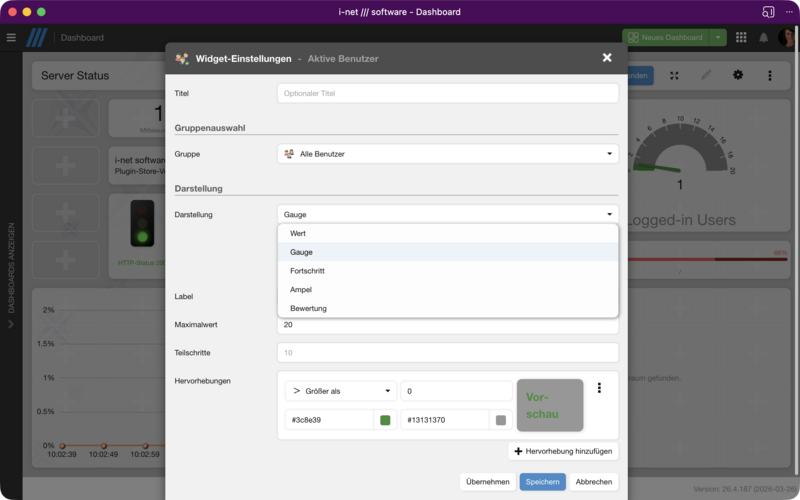 Widget-Einstellungsdialog mit geöffnetem Darstellungs-Dropdown und den verfügbaren Visualisierungsarten.