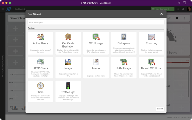 The New Widget dialog showing available widget types organized by category.