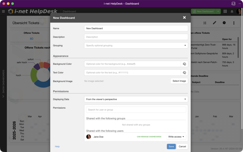 The dashboard settings dialog with the permissions section showing shared users and permission levels.
